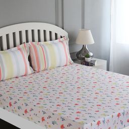 GM White & Red Floral Flat 150 TC Cotton 1 Super Queen Bedsheet with 2 Pillow Covers-image-80