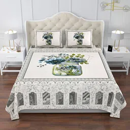 Kuber Industries Grey & White Floral Cotton160 TC King Bedsheet with 2 Pillow Covers-image-46
