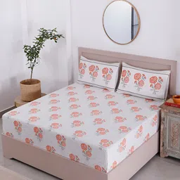 TARAN LIVING Orange & White Floral 120 TC Cotton King Bedsheet With 2 Pillow Covers-38