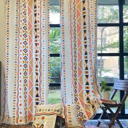 URBAN SPACE White 4 Pieces Boho Printed Window Curtain with Cushion Covers-88