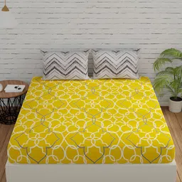 Huesland Grey & Yellow Ethnic Motifs Cotton 144 TC Single Bedsheet with 1 Pillow Covers-image-29