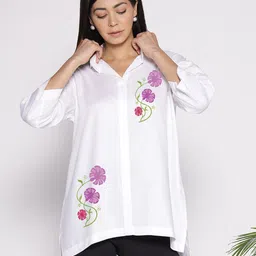 LetsDressUp Floral Printed Shirt Collar High Low Top-image-98