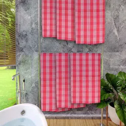 Athom Living Red & White 6 Pieces Checked Cotton 150 GSM Bath Towel-image-12