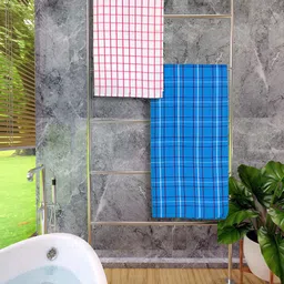 Athom Living Pink & Blue 2 Pieces Checked Cotton 150 GSM Bath Towels-17
