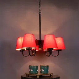 new era Devansh 06 Light Black Iron Powder coated Chandelier With Red cotton Shade (19x19x24 ) Inches-picture-22