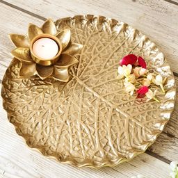 BEHOMA Golden Metal Lotus Leaf Shape Pooja Thali-30