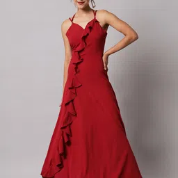 emeros Women Maroon Ruffled Shoulder strap Crepe Maxi Dress-image-37