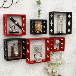 Home Sparkle Set Of 6 Brown & Red MDF Square Shaped Floating Shelves-0