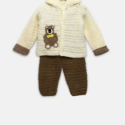 CHUTPUT Unisex Kids Brown & Cream-Coloured Hand knitted Hooded Shirt With Trousers Set-17