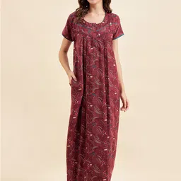 Sweet Dreams Maroon& White Printed Pure Cotton Maxi Nightdress-image-2