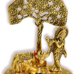 Navyaksh Gold Toned Brass Krishna With Cow Under Tree Decorative Showpiece-image-89