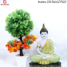 GW CREATIONS Sea Green 2 Pieces Buddha & Bonsai Plant Showpieces-image-51