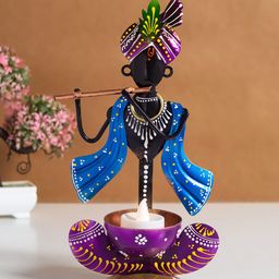 Golden Peacock Blue & Purple Textured Krishna Idol Showpiece-picture-37