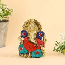 CraftVatika Red & Green Textured Ganesh Brass Idol Showpiece-1