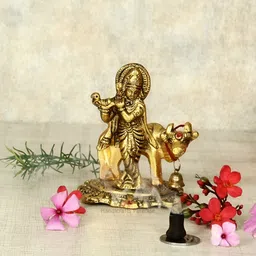 HANDICRAFTS PARADISE Gold Toned Krishna Metal Religious Idol Showpiece-image-46