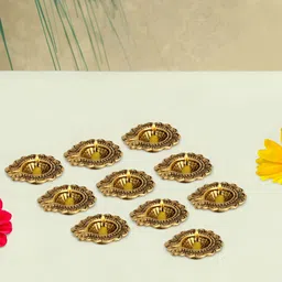 HANDICRAFTS PARADISE Gold Toned 10 Pieces Diya Metal Religious Idol Showpiece-20
