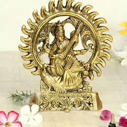 HANDICRAFTS PARADISE Gold Toned Metal Saraswati Playing Veena Religious Idol Showpiece-image-24