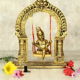 HANDICRAFTS PARADISE Gold Toned Bal Krishna Metal Religious Idol Showpiece-55