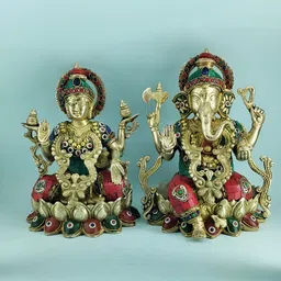 CraftVatika Gold Toned & Red 2 Pieces Brass Religious Idol Decorative Showpieces-picture-3