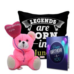 ME & YOU Black & Pink 3 Pieces Printed Pillow with Card & Teddy Home Gift Set-image-100