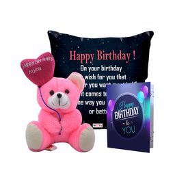 ME & YOU Black & Pink 3 Pieces Printed Cushion With Teddy Bear & Card Home Gift Set-image-64