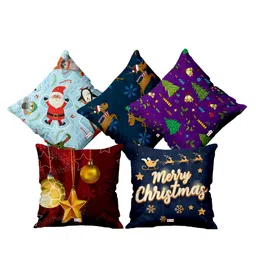 ME & YOU Navy Blue & Purple 5 Pieces Printed Christmas Cushions-picture-43
