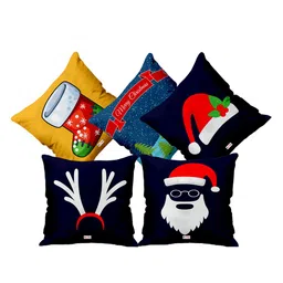 ME & YOU Mutard & Blue 5 Pieces Christmas Printed Filled Cushions-picture-34