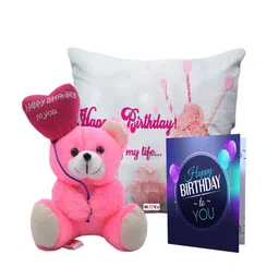 ME & YOU White & Pink 3 Pieces Printed Cushion with Card & Teddy Home Gift Set-image-84