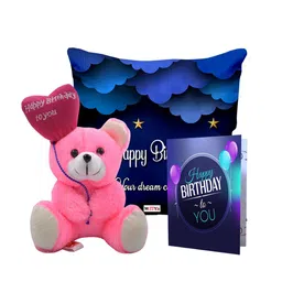 ME & YOU Blue 3pcs Lightweight Printed Pillow with Card & Happy Birthday Teddy-image-99
