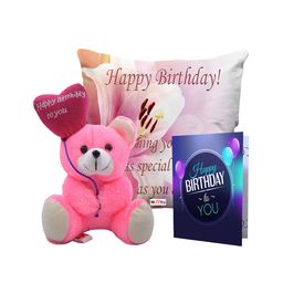 ME & YOU White & Pink 3 Pieces Printed Cushion With Bear & Card Home Gift Set-image-81