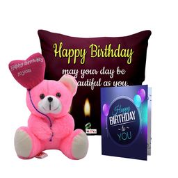 ME & YOU Maroon & Pink 3 Pieces Printed Cushion With Teddy & Card Home Gift Set-image-5