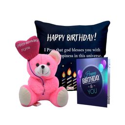 ME & YOU Blue 3 Pieces Lightweight Printed Pillow with Card & Happy Birthday Teddy-image-89