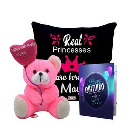 ME & YOU Black & Pink 3 Pieces Printed Pillow with Card & Teddy Home Gift Set-image-83