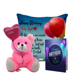 ME & YOU Blue 3 pcs Lightweight Printed Pillow with Card & Happy Birthday Teddy-image-77