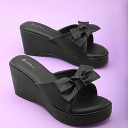 Mast & Harbour Black Bow Detailed Wedge Heels-52