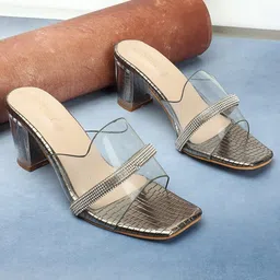 DressBerry Grey Textured Embellished Open Toe Block Heels-5