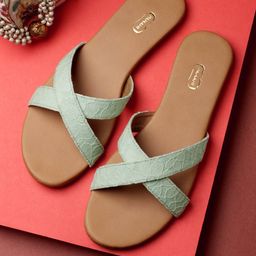 PANAHI Women Sea Green Textured Open Toe Flats-32