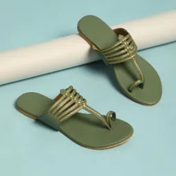 Sole House Women Olive Green Ethnic Kolhapuri One Toe Flats-74