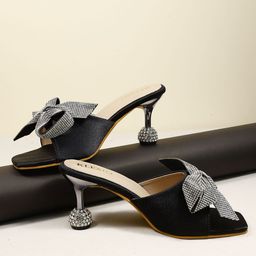 KLEXIO Embellished Party Block Pumps with Bows-11