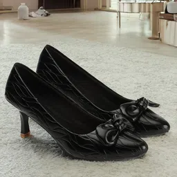 DressBerry Black Pointed Toe Textured Kitten Pumps With Bows-5