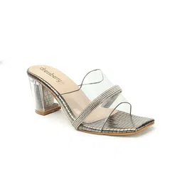DressBerry Grey Textured Embellished Open Toe Block Heels image 2