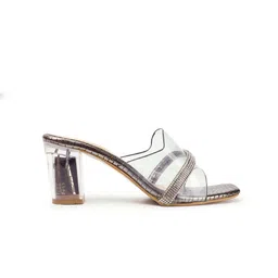 DressBerry Grey Textured Embellished Open Toe Block Heels image 3