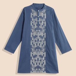 House of Pataudi Rozana Boys Floral Embroidered Thread Work Pure Cotton Straight Kurta-picture-29