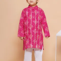 Aj DEZInES Boys Bandhani Printed Band Collar Gotta Patti Pure Cotton Kurta With Pyjamas-22