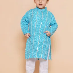 Aj DEZInES Boys Bandhani Printed Band Collar Gotta Patti Pure Cotton Kurta With Pyjamas-38