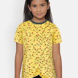 UNDER FOURTEEN ONLY Girls Yellow Printed Round Neck Pure Cotton T-shirt-image-44