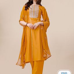 KALINI Ethnic Motifs Embroidered Sequinned A-Line Kurta With Palazzos & Dupatta image 1