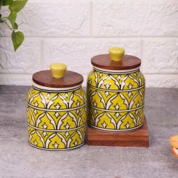 vareesha Yellow Jodhpuri Hand Painted Ceramic Jar with Wooden Lid Set of 2-picture-44