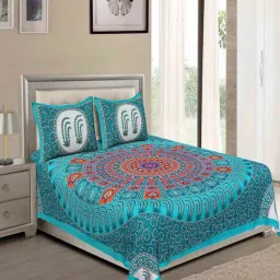 uniqchoice Turquoise Traditional 120 TC 100% Cotton Queen Bedsheet With 2 Pillow Covers-picture-18