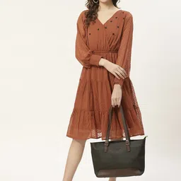 Antheaa Rust Orange Dobby Weave Sequinned Tiered Wrap Dress-picture-9